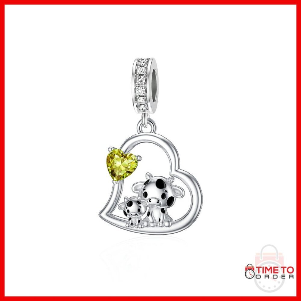 Sterling Silver Cow Charm Birthstone Pendant for Bracelets